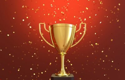 Golden trophy with falling golden confetti, Victory concept. 3D illustration